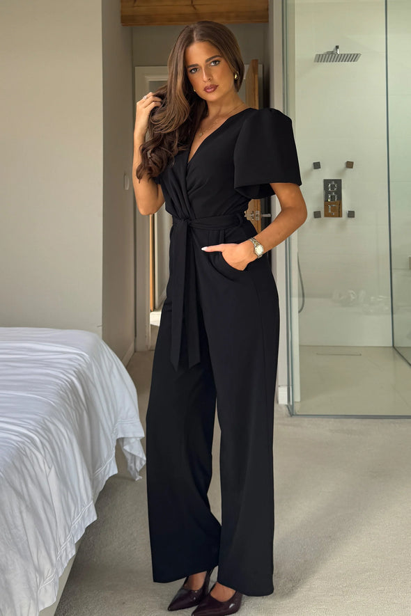GIRL IN MIND Drew Wrap Neck Puff Sleeve Jumpsuit Black