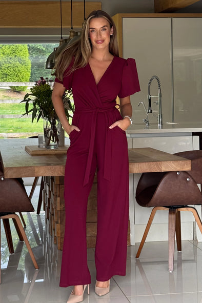 GIRL IN MIND Drew Wrap Neck Puff Sleeve Jumpsuit Berry