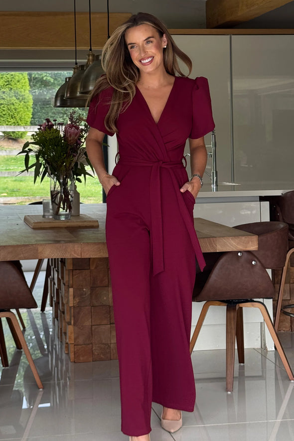 GIRL IN MIND Drew Wrap Neck Puff Sleeve Jumpsuit Berry