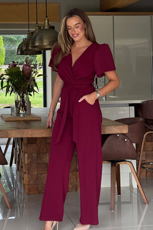 GIRL IN MIND Drew Wrap Neck Puff Sleeve Jumpsuit Berry