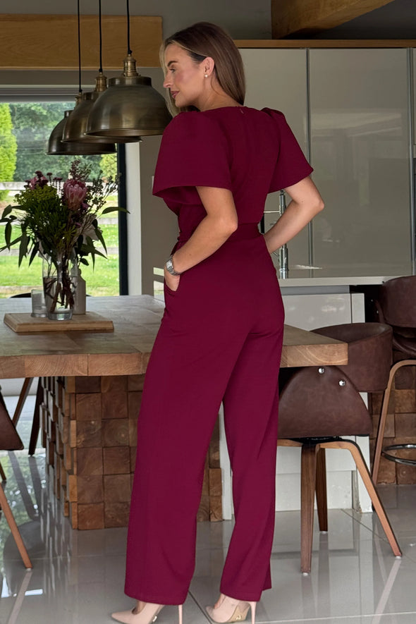 GIRL IN MIND Drew Wrap Neck Puff Sleeve Jumpsuit Berry