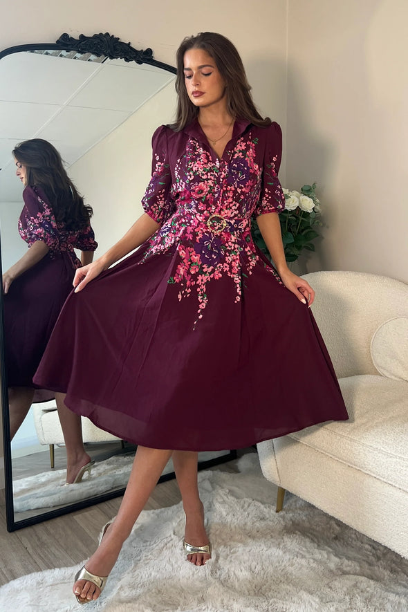 GIRL IN MIND Holland Boarder Print Midi Dress Plum Floral