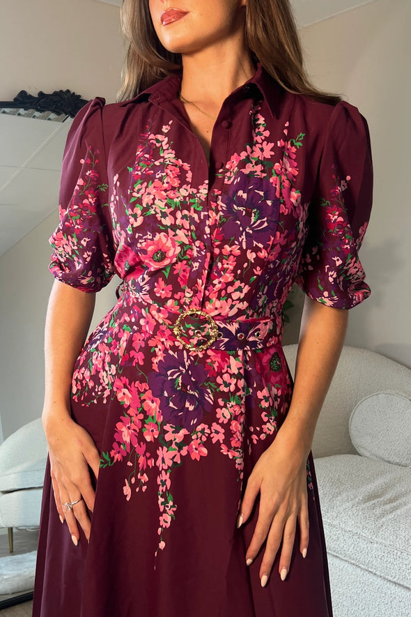 GIRL IN MIND Holland Boarder Print Midi Dress Plum Floral
