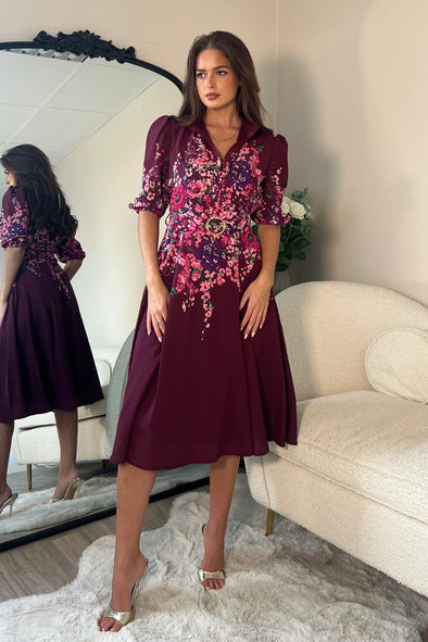 GIRL IN MIND Holland Boarder Print Midi Dress Plum Floral