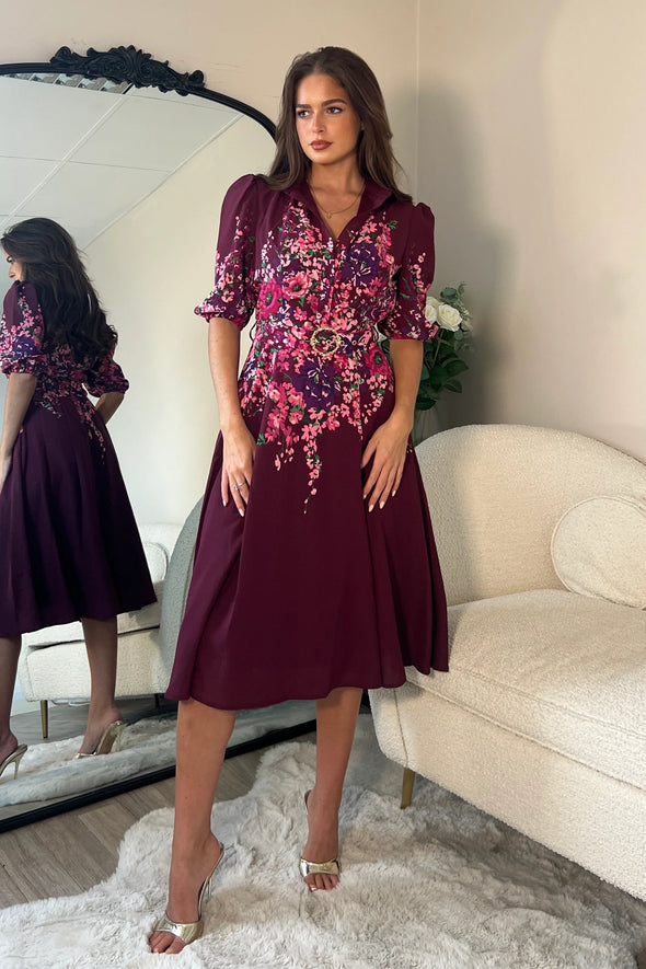 GIRL IN MIND Holland Boarder Print Midi Dress Plum Floral