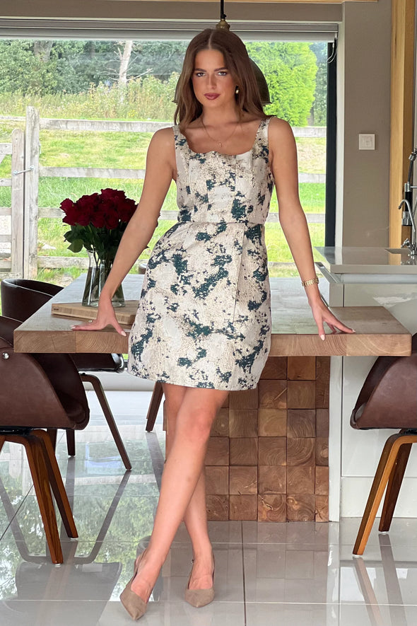 GIRL IN MIND Shania Green Jacquard Structured Mini Dress