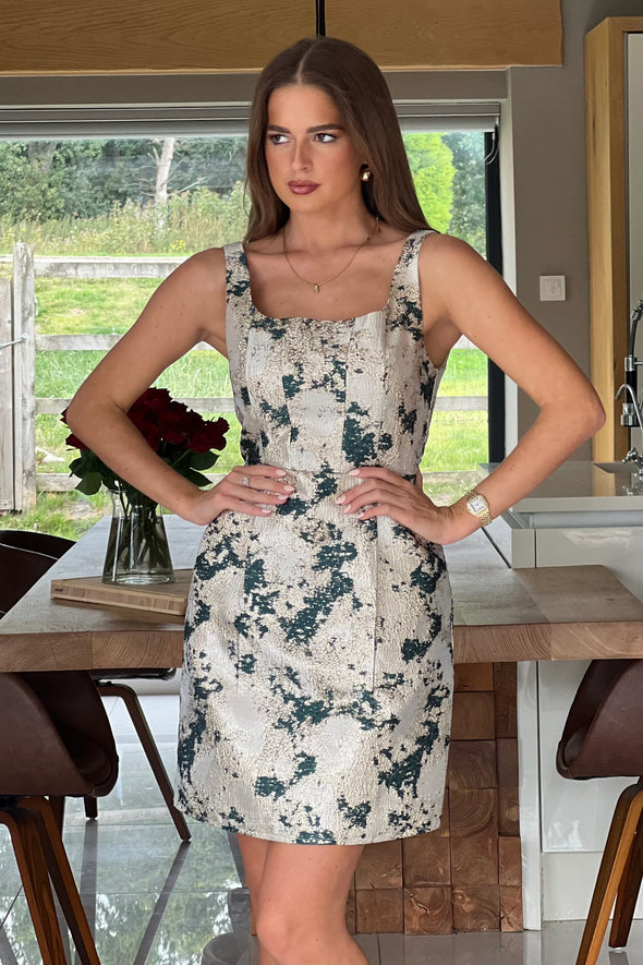 GIRL IN MIND Shania Green Jacquard Structured Mini Dress