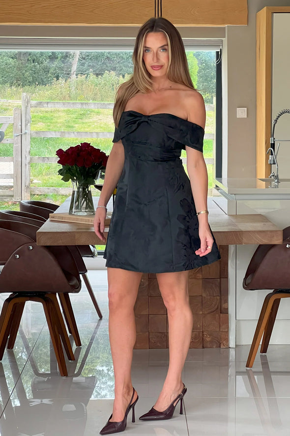 GIRL IN MIND Juliet Bow Detail Off The Shoulder Mini Dress Black