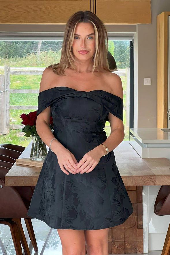 GIRL IN MIND Juliet Bow Detail Off The Shoulder Mini Dress Black
