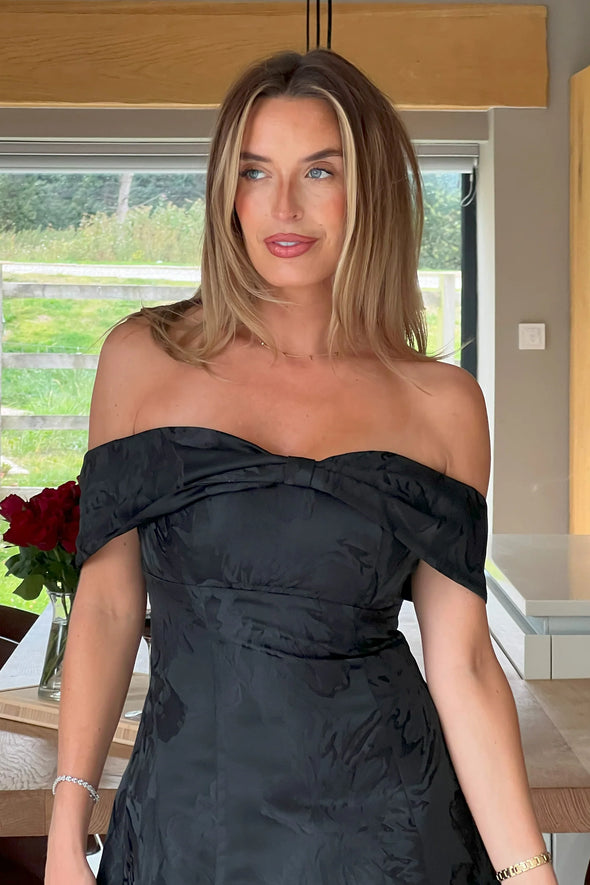 GIRL IN MIND Juliet Bow Detail Off The Shoulder Mini Dress Black