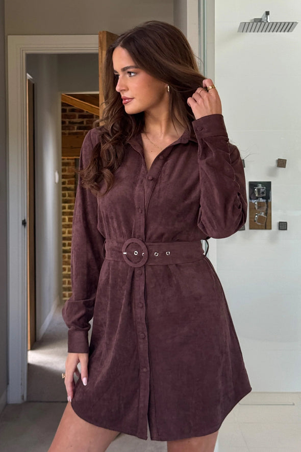 GIRL IN MIND Savora Suede Mini Shirt Dress Chocolate