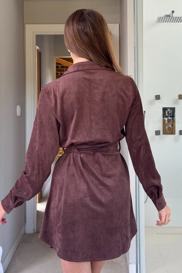 GIRL IN MIND Savora Suede Mini Shirt Dress Chocolate