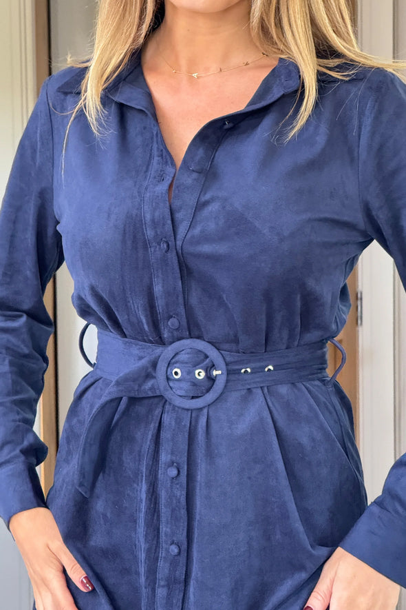 GIRL IN MIND Savora Suede Mini Shirt Dress Navy