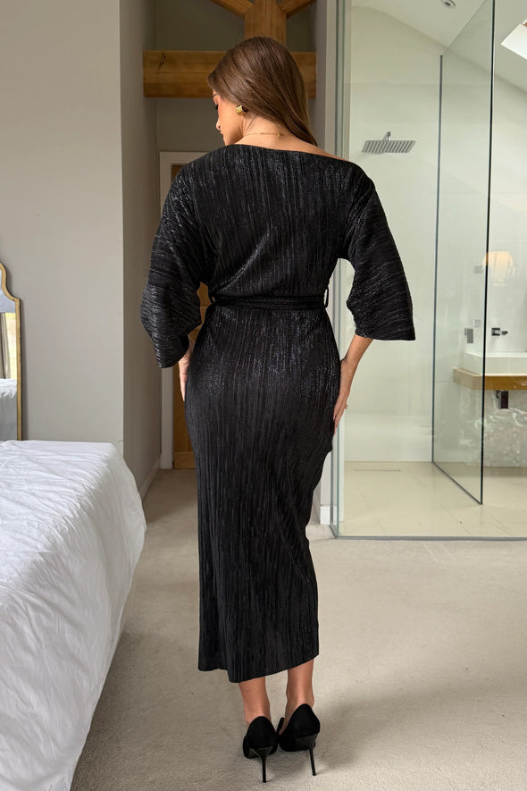 GIRL IN MIND Vendy Off The Shoulder Ruched Detail Midi Dress Metallic Black