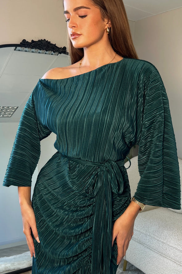 GIRL IN MIND Vendy Off The Shoulder Ruched Detail Midi Dress Emerald