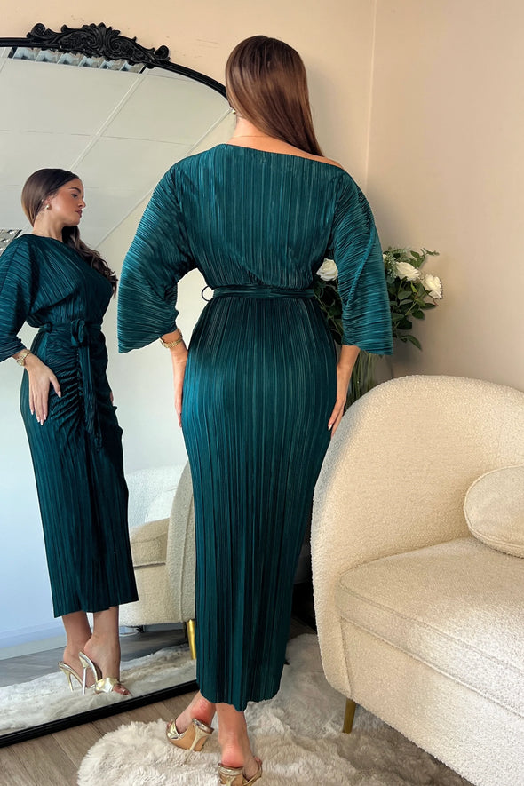 GIRL IN MIND Vendy Off The Shoulder Ruched Detail Midi Dress Emerald