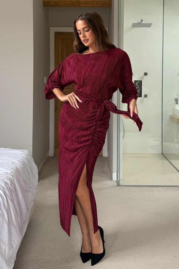 GIRL IN MIND Vendy Off The Shoulder Ruched Detail Midi Dress Berry