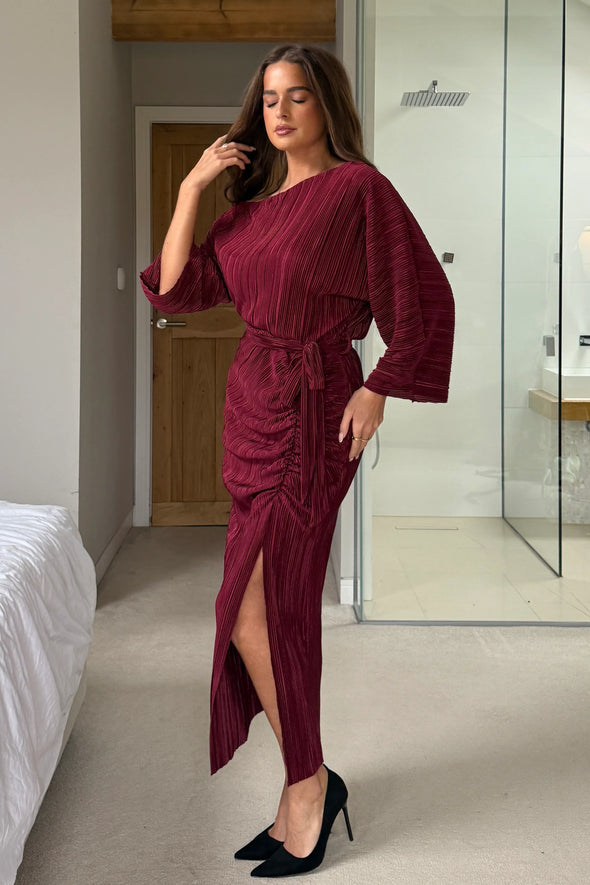 GIRL IN MIND Vendy Off The Shoulder Ruched Detail Midi Dress Berry