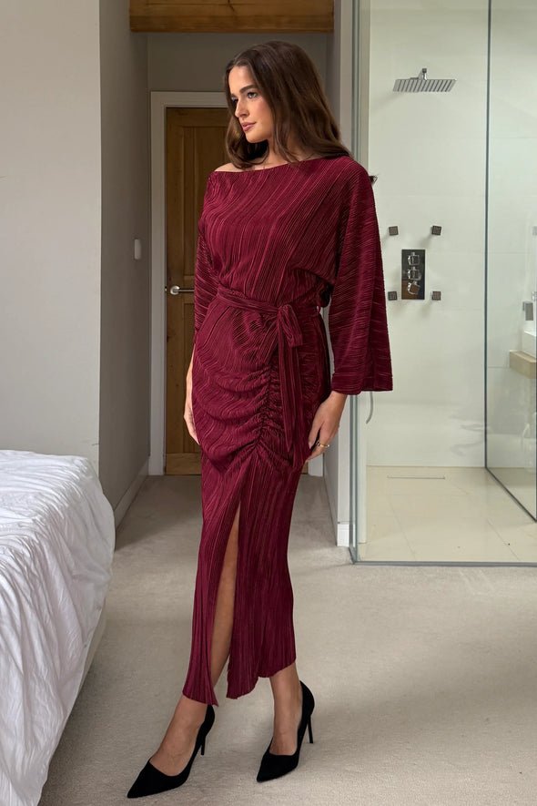 GIRL IN MIND Vendy Off The Shoulder Ruched Detail Midi Dress Berry