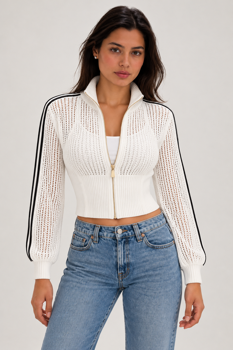Soy&Co Striped Lace Knit Zip Jacket White on model, front view