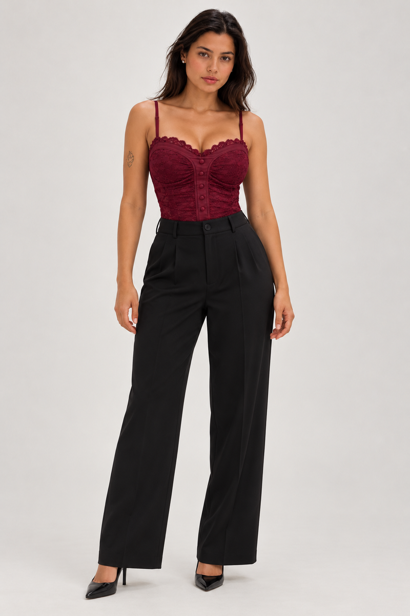 Soy&Co Lace Button-Front Bodysuit Bordeaux on model, front view